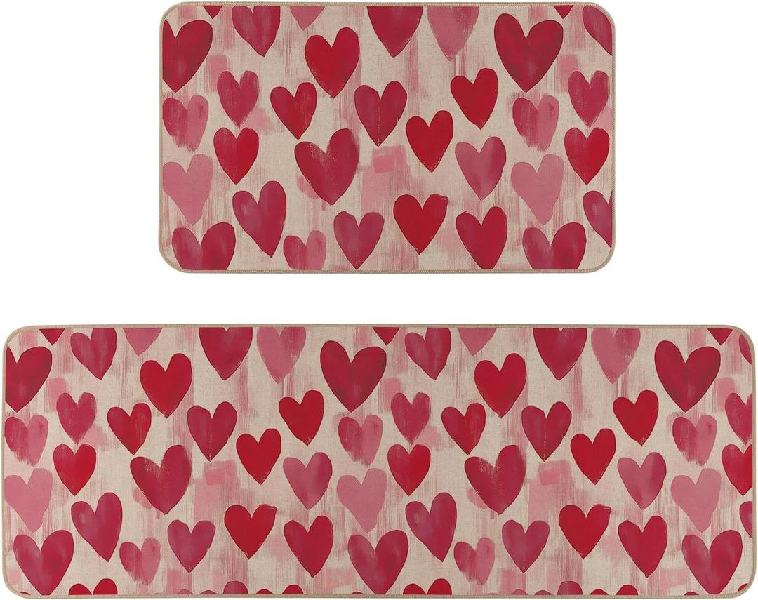 Watercolor Love Heart Valentines Kitchen Rugs Set of 2, Valentines Day Home Decor Low-Profile Kitchen Mats for Floor - 17x29 and 17x47 Inch