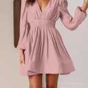 FAIABLE Mini Deep V Sexy Long Sleeve Dress for Women A-line High Waisted Casual Flowy Dress for Cocktail Wedding Guest, Medium