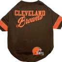 Pets First NFL Cleveland Browns Dog & Cat T-Shirt, Small. Football Pet Shirt with Team Name & Logo, Striped Sleeves, Poly-cotton Material, Brown, Unisex, Sports Fashion, Casual Wear