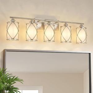 5-Light Brushed Gold Bathroom Light Fixtures Over Mirror, 42" UL-Listed Modern Wall Sconce Lights with Frosted Milk White Glass and Metal Cage for Bath, Hardwire E26, CH9176BNW-5W, 5-Light, 38.5" L