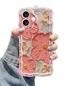 Jusy Case for iPhone 17, Colorful Retro Oil Painting Printed Flower Laser Blue Glossy Pattern Cute Curly Wave Phone Case Soft TPU Cover for Girly Women -Orange White