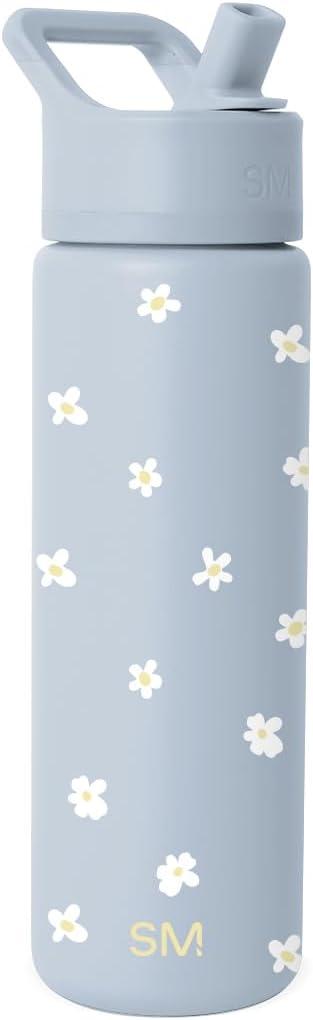 Simple Modern Water Bottle with Straw Lid | Vacuum Insulated Stainless Steel Metal | Reusable Leak Proof BPA-Free Cup for School | Summit Collection | 22oz, Sweet Daisy on Blue