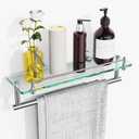 16-Inch Floating Tempered Glass Bathroom Shelf with Towel Bar - Chrome Polished & Stainless Steel, Wall Mount