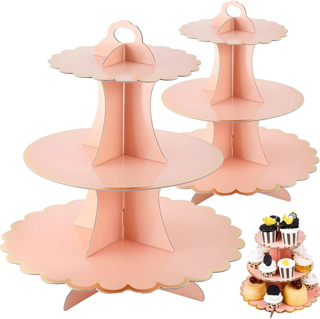 Varku 3 Tier Dessert Tray, Paper Dessert Stand with Pink Petal Edges, Easy Assembly with Central Handle, Set of 2