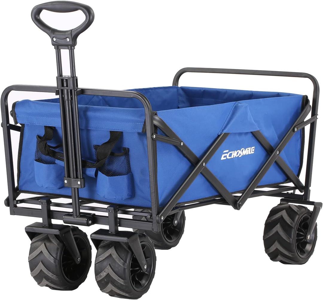 EchoSmile Heavy Duty 350 Lbs Capacity Collapsible Wagon, Outdoor Folding Camping Grocery Portable Utility Cart, Adjustable Rolling Carts, All Terrain Sports Wagon with Big Wheels (Blue)