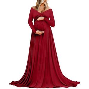 Saslax Maternity Off Shoulders Half Circle Gown for Baby Shower Photo Props Dress.L