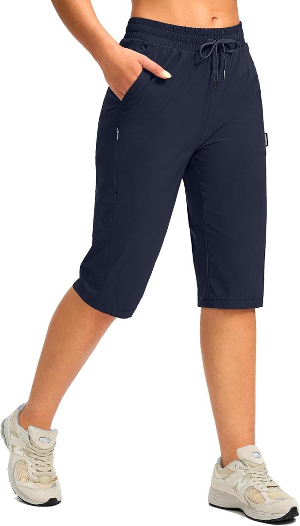 G Gradual Women's 15'' Long Shorts Below The Knee Hiking Cargo Capris Stretch Quick Dry Bermuda Shorts for Women with Pockets (Medium, Navy)