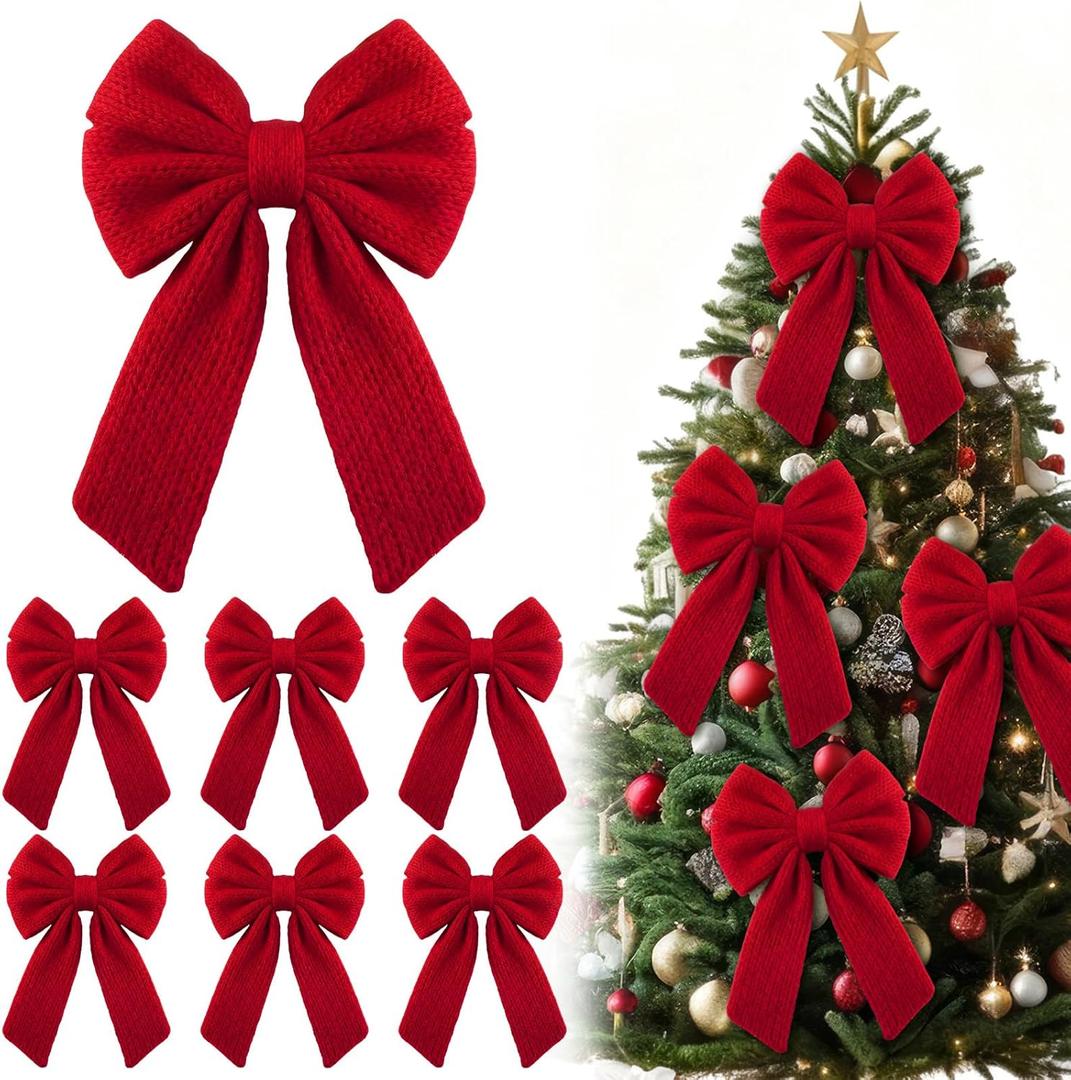 Canlierr 6 Pcs Knitted Large Red Christmas Bows 18in Big Crochet Christmas Tree Bow Neutral Ribbon Bow Hanging for Tree Topper Winter Party Wreath Garland Fireplace Holiday Decorations