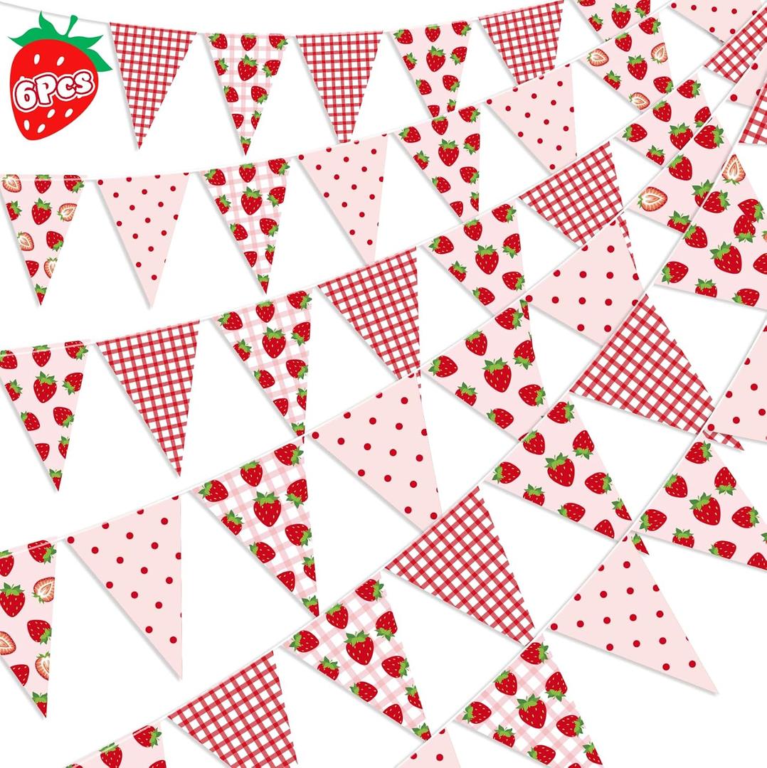 6PCS Strawberry Decor Pennant Banners Red Pink Triangle Flags Garland Berry First Birthday Baby Shower Party Decorations