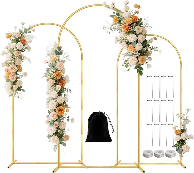 Metal Arch Backdrop Stand Set of 3(7.2 ft, 6.6 ft, 6 ft) Party Arch Stands for Wedding, Birthday, Baby Shower, Bridal Shower, Balloon Arched Frame for Garden Decor, Gold Floral Arches, 3 Pieces