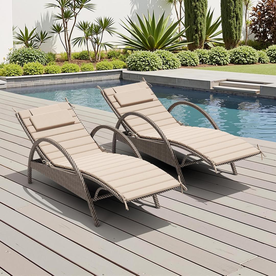 Crestlive Products Chaise Lounge Cushion Outdoor Set of 2, Foldable Waterproof Pool Lounge Chair Cushions with Straps, Lounger Cushions for Outdoor Furniture, 80''Lx26''W (Beige)