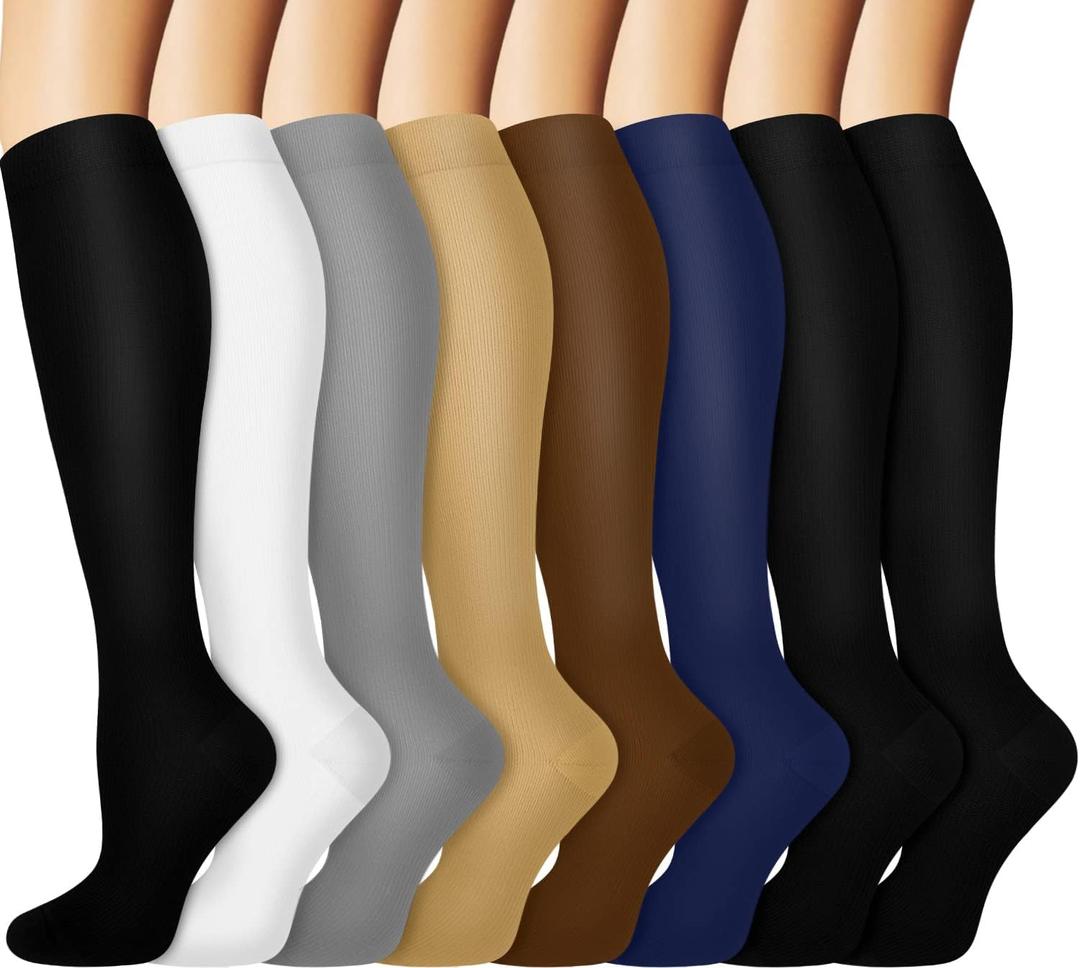 Graduated Copper Compression Socks for Men & Women Circulation 8 Pairs 15-20mmHg - Best for Running Athletic Cycling (Large-X-Large, 07 Black/White/Gray/Nude/Coffee/Navy/Black/Black)