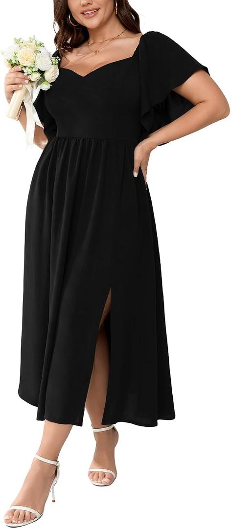 SCOMCHIC Women Plus Size Dresses Short Sleeve Sweetheart Neckline Wedding Guest Cocktail Smocked A Line Slit Maxi Dress (XXL)