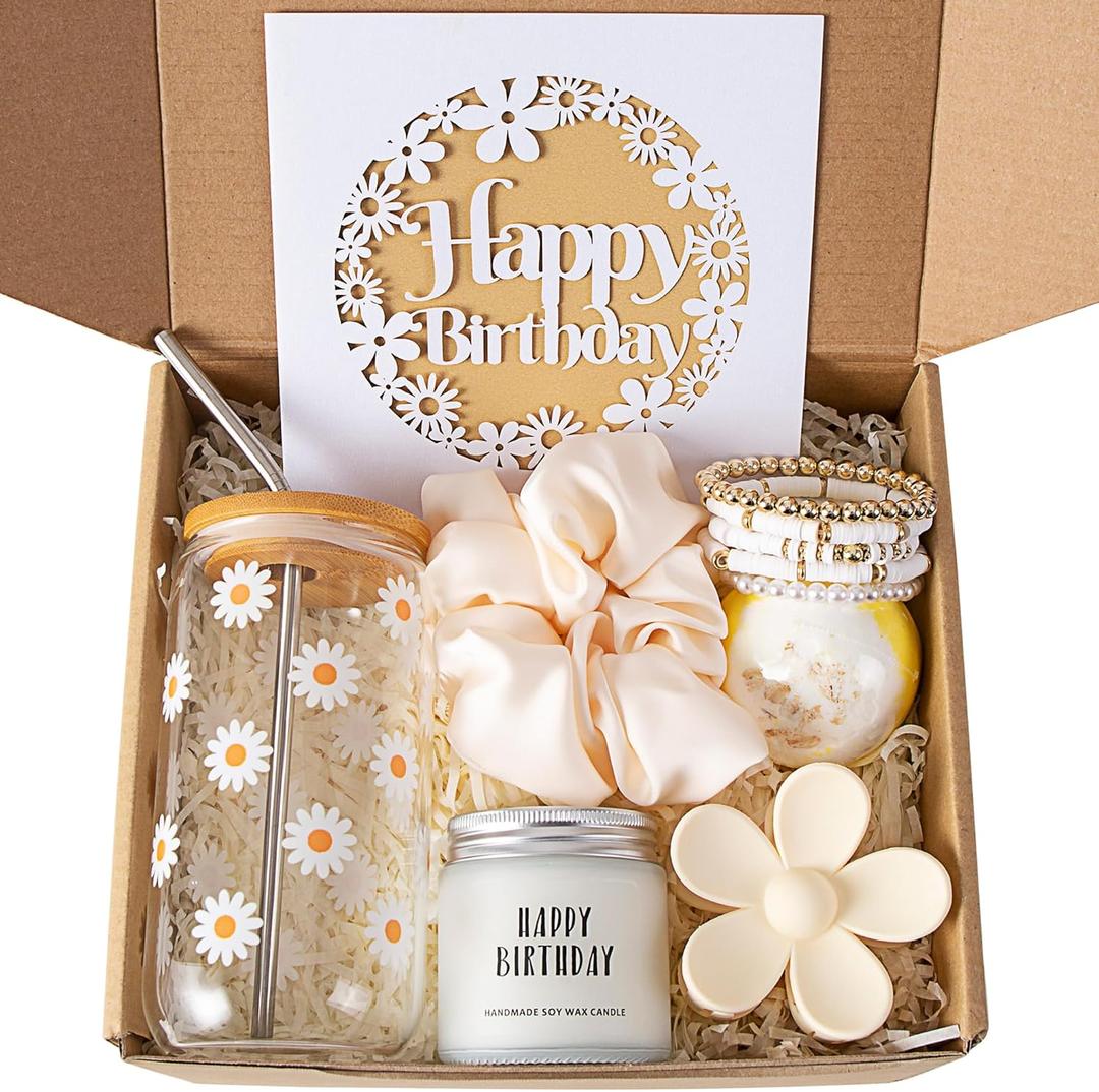 JTEWB Birthday Gifts For Women, Teen Girl, Her, Happy Birthday Gift Box For Girl, Women, Sister, Daughter, Friends, Cute Daisy Aesthetic Glass Cups Gift Set 7pcs (Beige)