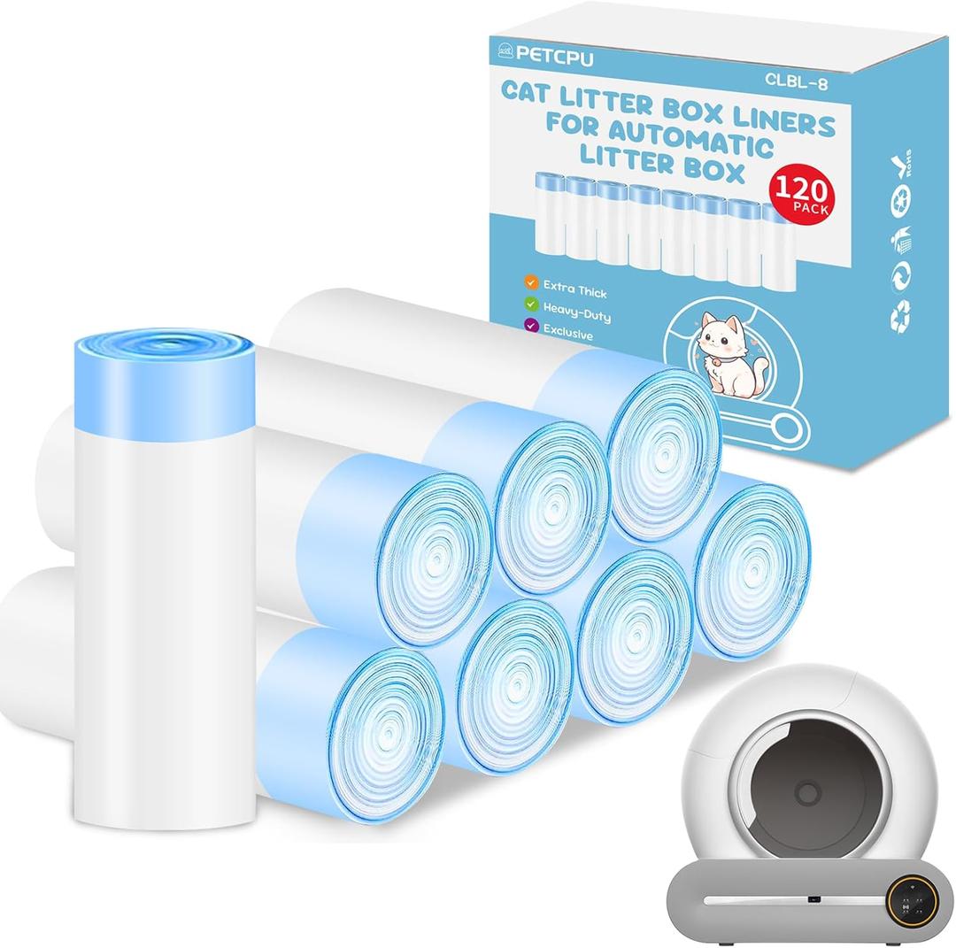 120 Count Cat Litter Box Liners for Self-Cleaning Cat Litter Box, Replacement Kitty Litter Liners, 8 Rolls Drawstring Waste Bags for Small Automatic Litter Boxs, 19.7 x 17.7 Inches8 Packs/120 Counts