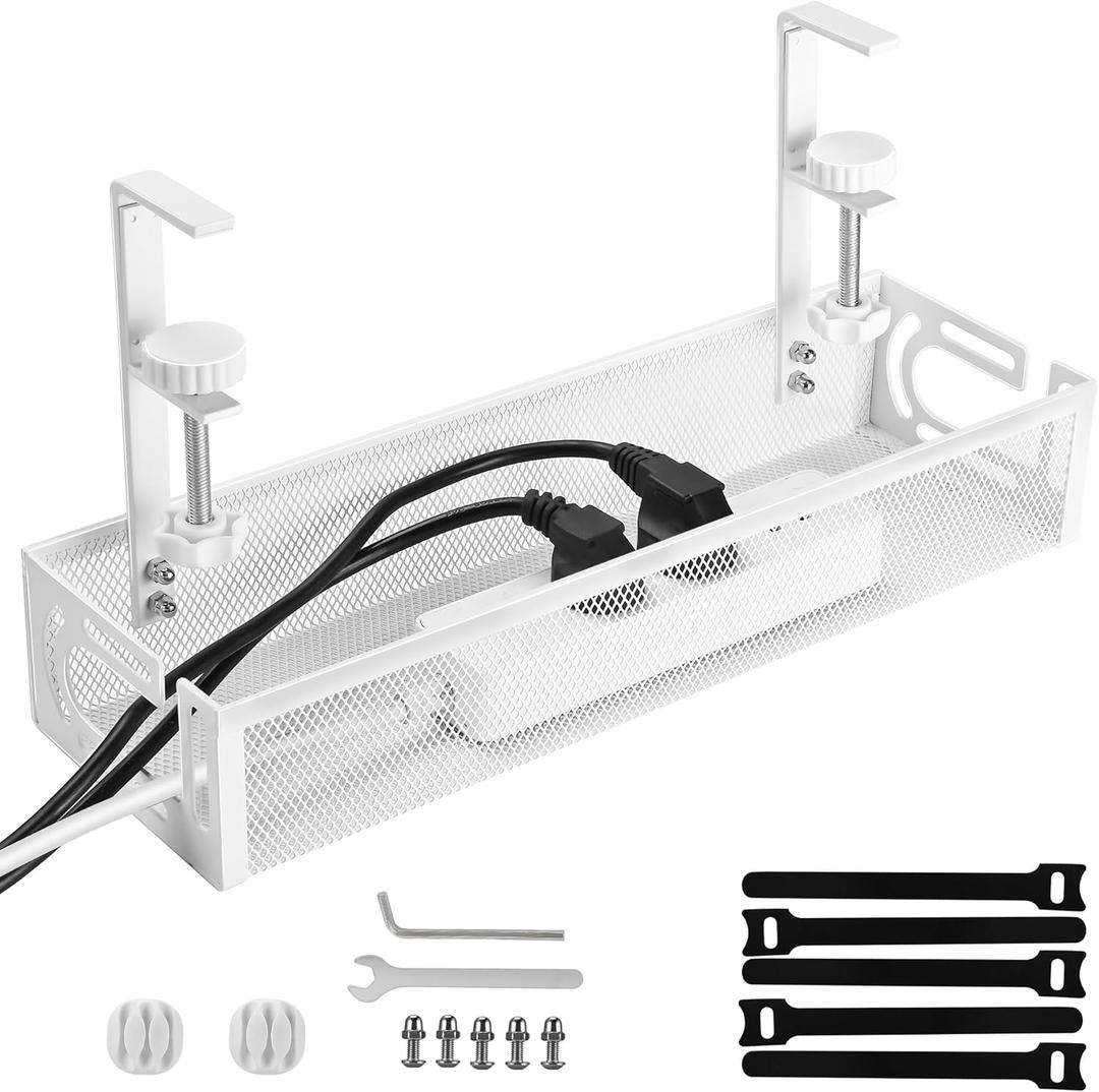 Under Desk Cable Management Tray Small  Clamp-Mounted Wire Organizer & Cord Management Under Desk Holder, No-Drill Metal Cable Tray for Home Office (White)
