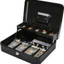 Jssmst Large Cash Box with Money Tray and Lock - Safe Box for Cash Saving Key Lock Money Organizer Box, 11.8L x 9.5W x 3.5H Inches, Black, SM-CB0501L, XLarge