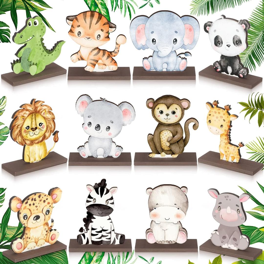 Yaomiao 12 Pcs Safari Jungle Animals Wooden Table Centerpiece Baby Shower Decorations Wild Animals Birthday Decorations for Boys Kids