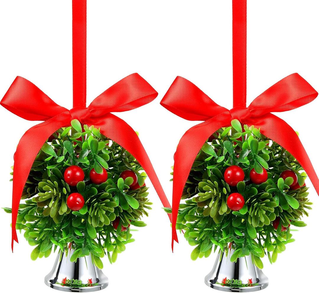 2 Pieces Christmas Mistletoe Hanging Balls Holiday Artificial Mistletoe Balls Xmas Kissing Ball Decorations with Bow Knots and Bells for Home Christmas Party Decor, 5 Inch (Red, Silver,Classic)