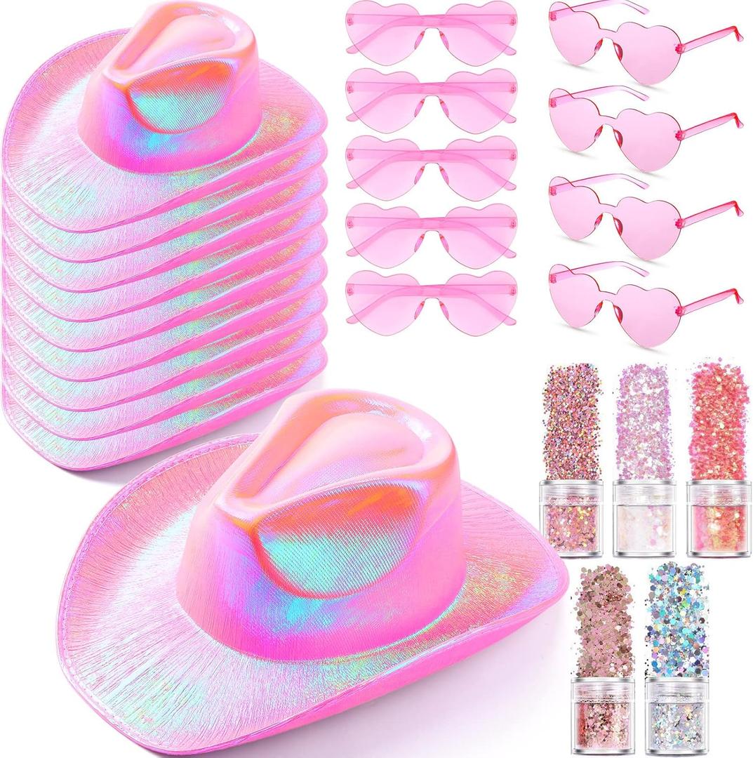 Coume 23 Pcs Cowboy Light up Hat Bulk Sparkly Holographic Cowgirl Hats with Heart Sunglasses for Women Costume Western Party (Pink)