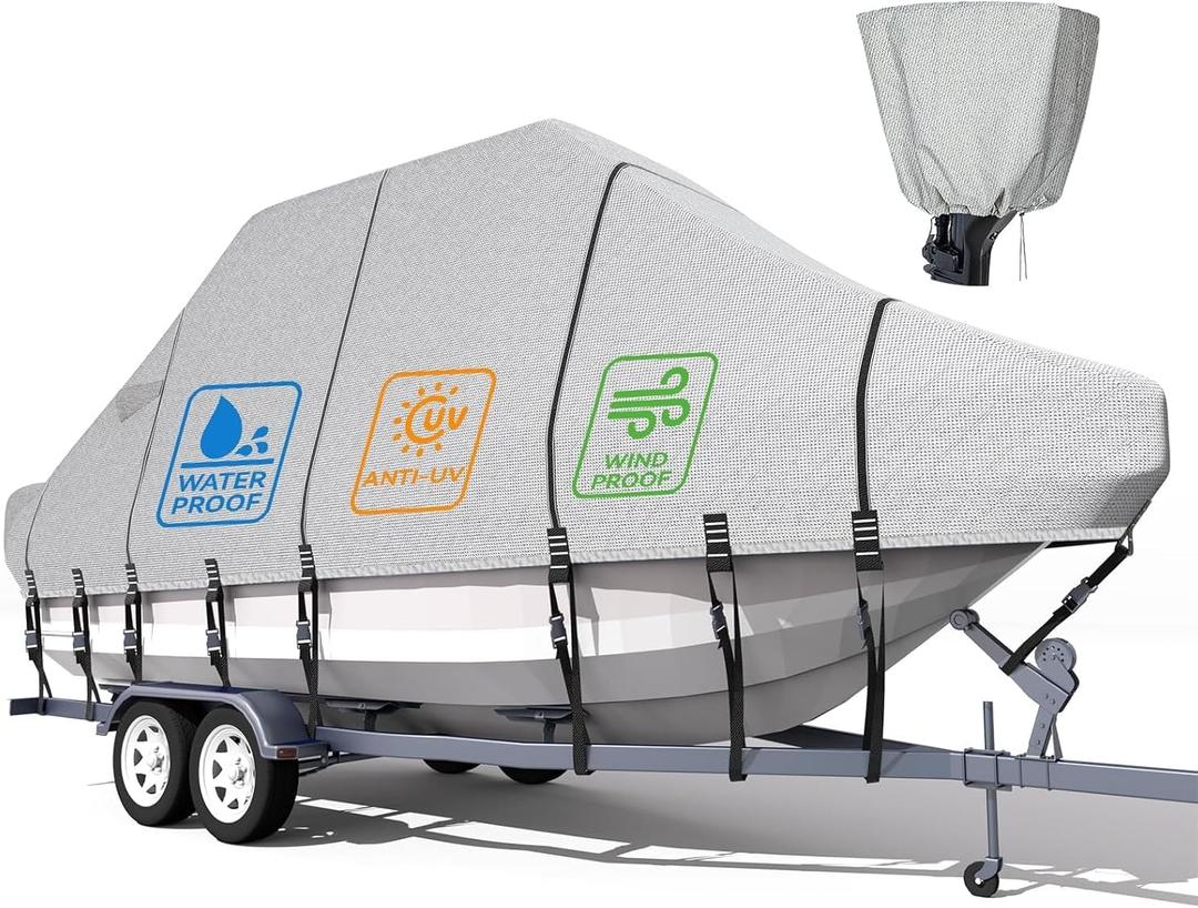 5-ply 1200D 100% Waterproof T-Top Boat Cover Solution Dyed Fade-Proof Trailerable Hard Top Boat Cover with 21 Windproof Straps, Motor Cover (Gray, 19'-21 Long, Beam Width Up to 106")