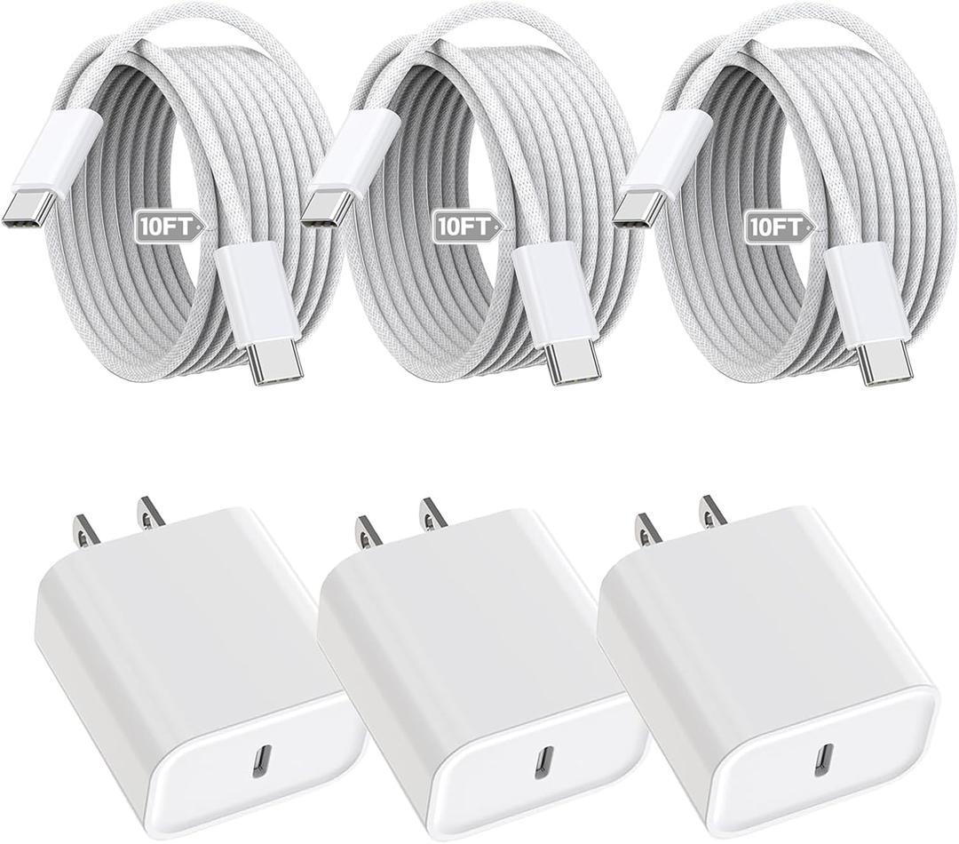 iPhone 16 15 Charger Fast Charging,3Pack 20W Fast Charging USB C Charger with 10Foot Long Type C to C Cable Cord TypeC Block Brick for iPhone 16e/16/16 Pro/16 Plus/16 Pro Max/15 Pro, iPad Air/Pro/Mini (10FT)