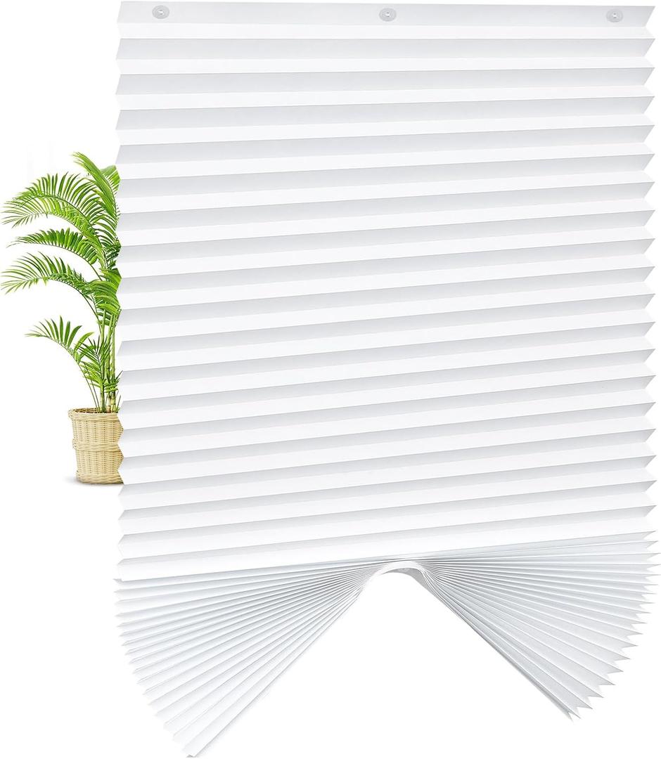 UrMoon 4 Packs Temporary Pleated Shades for Windows Thicken Paper Pleated Blinds with Suction Cup No Drill Free Cut Size Fabric Shades for Door and Home, 90% Blackout White, 36" W x 70" H