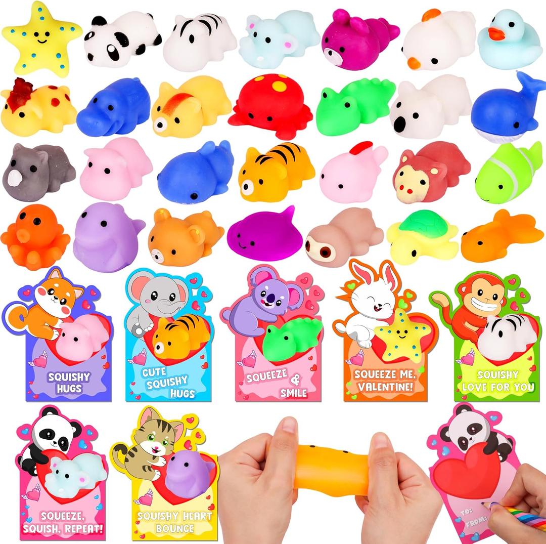 NAWITDA 28 Pack Valentines Day Cards for Kids Classroom, Kawaii Mochi Squishies Fidget Toys with Valentines Cards, Classroom Gift Exchange, School Party Favors for Boys Girls