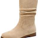 Pixoecuty Slouch Ankle Boots For Women Booties For Women Low Heel Flats Mid Calf Zipper Khaki ASIAN Size 40