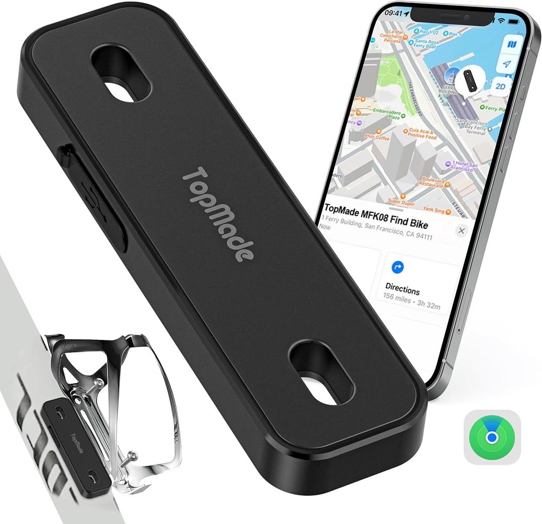 TopMade Bike Tracker, Works with Apple Find My (iOS Only), Global GPS Location on iPhone, iPad, Mac & Apple Watch, Bike Finder, Mount for Bottle Holder, Waterproof, Dustproof, Rechargeable, Black
