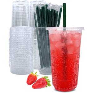 Aatriet 32 oz Clear Plastic Cups with Lids and Straws, Disposable Coffee Cups 25 Sets