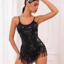 IMEKIS Women Sparkle Floral Fringes Bodysuit Latin Dance Concert Rave Outfit Music Festivals Halloween Cosplay Costume (S)