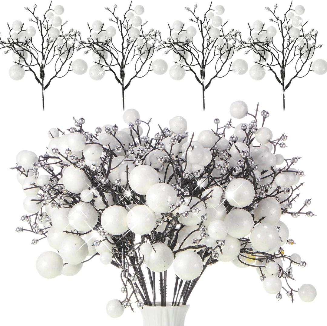 Geosar 24 Pieces Christmas Glitter Berries Stems 10 Inch Christmas Berry Picks Artificial Glittered Berries Ornaments Floral Stems for Xmas Tree,Home Wreath,Party Decoration(White)