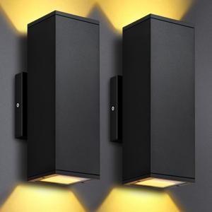 Outdoor Wall Lights 2 Packs, Integrated LED Square Up Down 12W 2700K Modern Aluminum Light, Waterproof Exterior Lighing Fixtures for Porch Patio Garage Gardern (Black)