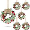 Zeyune 6 Set 9'' Small Wreaths for Kitchen Cabinets Mini Christmas Wreaths Real Touch Lamb Ear with Burlap Ribbon Red Berry Farmhouse for Xmas Wall Window Indoor Outdoor Chair Fireplace Decor