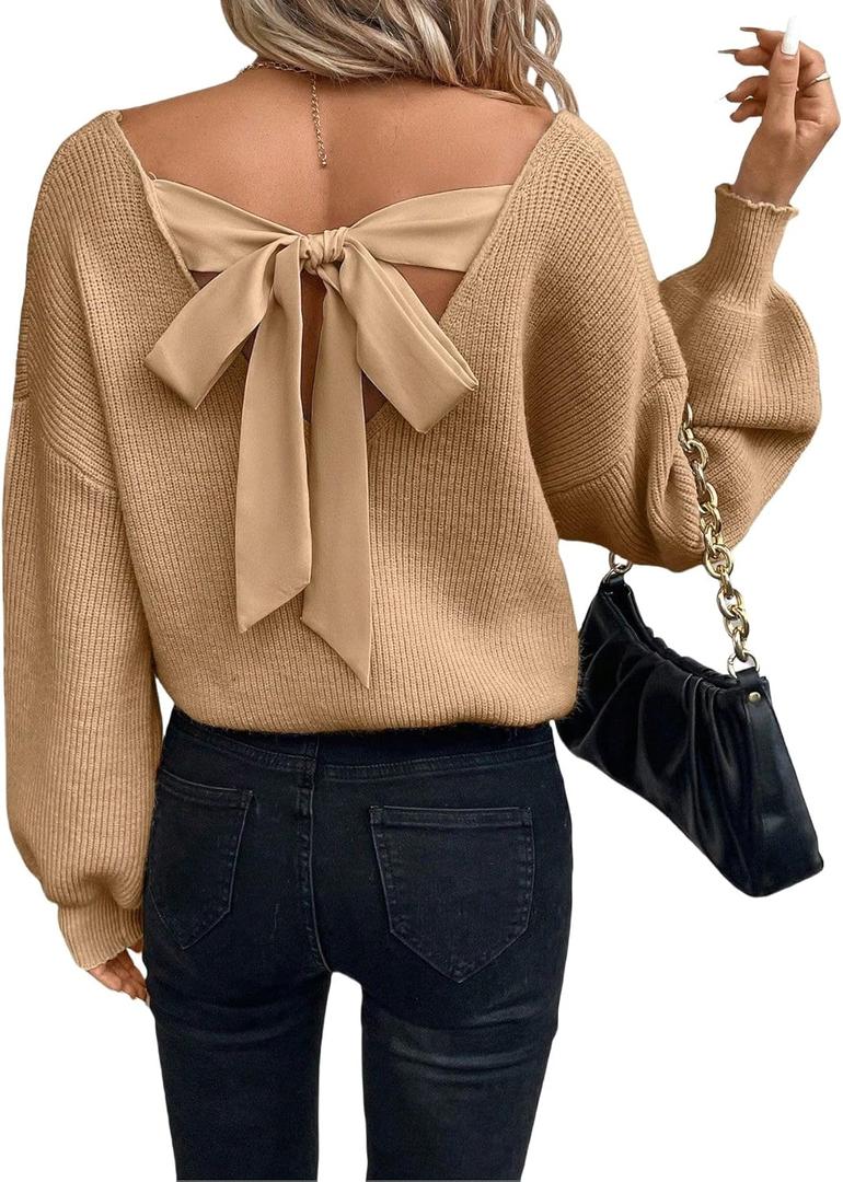 V Neck Sweaters Woman,Off The Shoulder Sweater Top,Fitted Long Sleeve Shirt Women,Tie Back Sweater,Knit Sweater (X-Large, Brown)