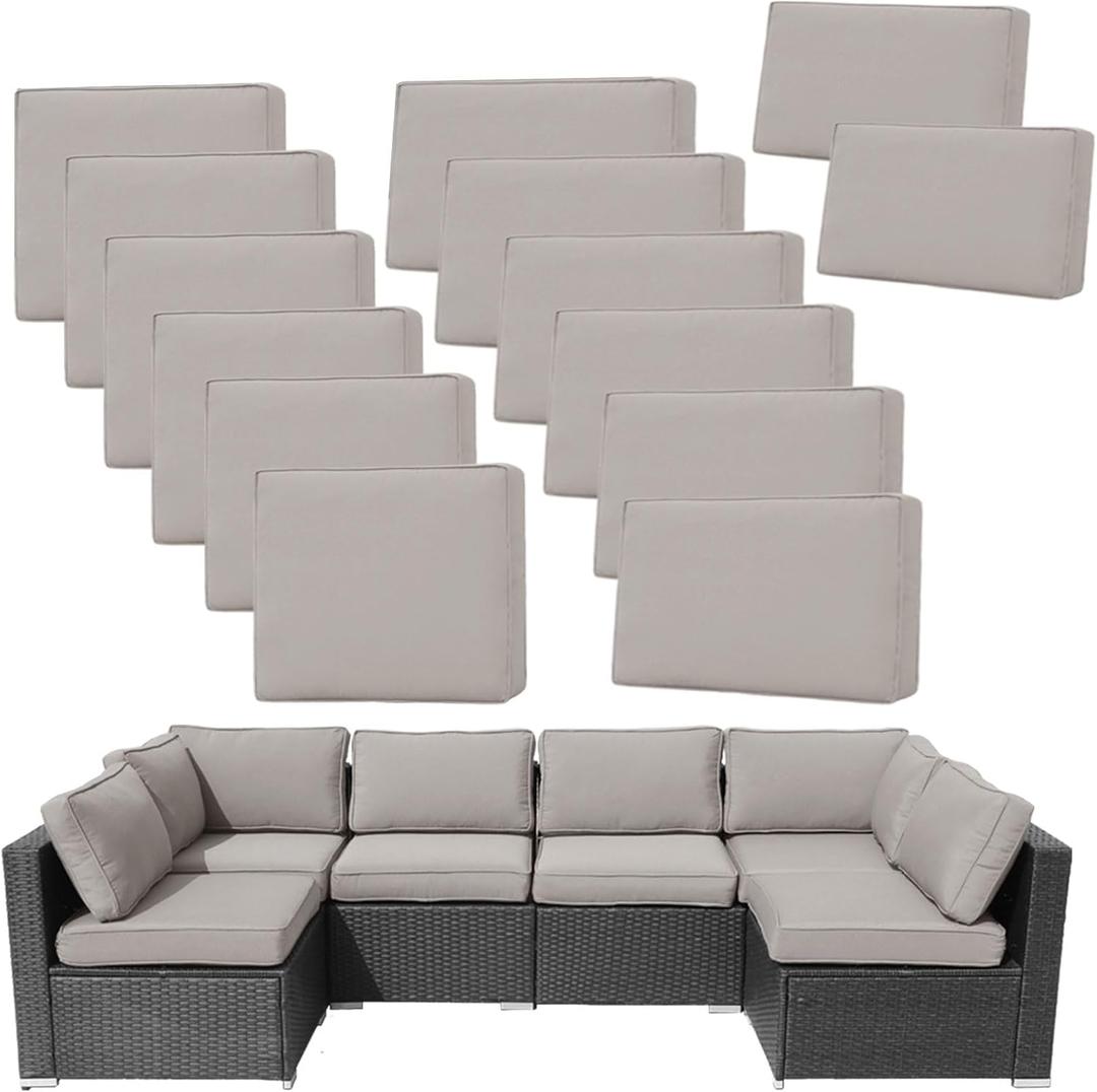 14Pieces Patio Cushion Covers Replacement Outdoor Couch Cushions Covers Splashproof Sofa Slipcovers Set with Zippers,Patio Furniture Protector-Cover Only(Light Gray,25.625.63.94inches)