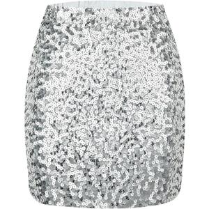 Women's Sequin Skirt Sparkly Glitter High Waist Bodycon Mini Skirt for Party Club Night Out Cocktail (Silver)