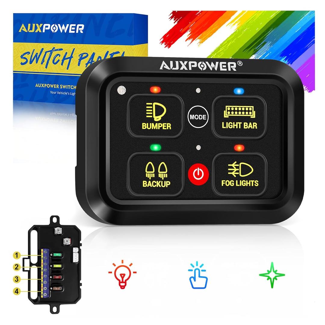 Auxpower RGB 4 Gang Switch Panel A24 Auxiliary Switch Panel with Relays Box 3 Lighting Modes Auto Dimmable Backlit Switch Panel 12V Waterproof Off Road Control Panel for Truck Marine UTV Car