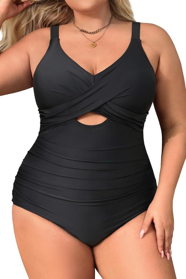 Daci Plus Size One Piece Swimsuits - Tummy Control Bathing Suit for Women Cutout Swimwear (Black, 18W)