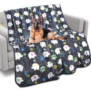Rezutan Dog Blankets for Large Dogs,with Flannel Gray Elephant Pattern and paw Prints, 60x50 inches, Cat Blanket Puppy Supplies Dog, Soft Pet Mat Throw Cover for Kennel Crate Bed. (-Grey-)