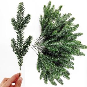 TIHOOD 25PCS 11.8 Artificial Flocking Pine Picks Snow Forest Artificial Pine Needles Branches Christmas Fake Greenery Tree Branches DIY Leaves for Christmas Wreaths Garden Party Holiday Decor