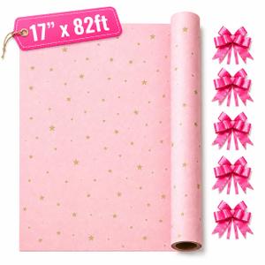 2 x HURUC Pink Star Wrapping Roll 17" x 82ft Gold Star Design, Kraft Wrap