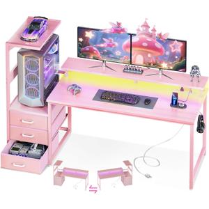 AODK 59 Inch Gaming Desk with USB Charging Ports & LED Light- Reversible Computer Desk with Storage Shelves & Monitor Stand, Modern Gamer Desk Table with Fabric Drawers & Side Hook, Carbon Fiber Pink