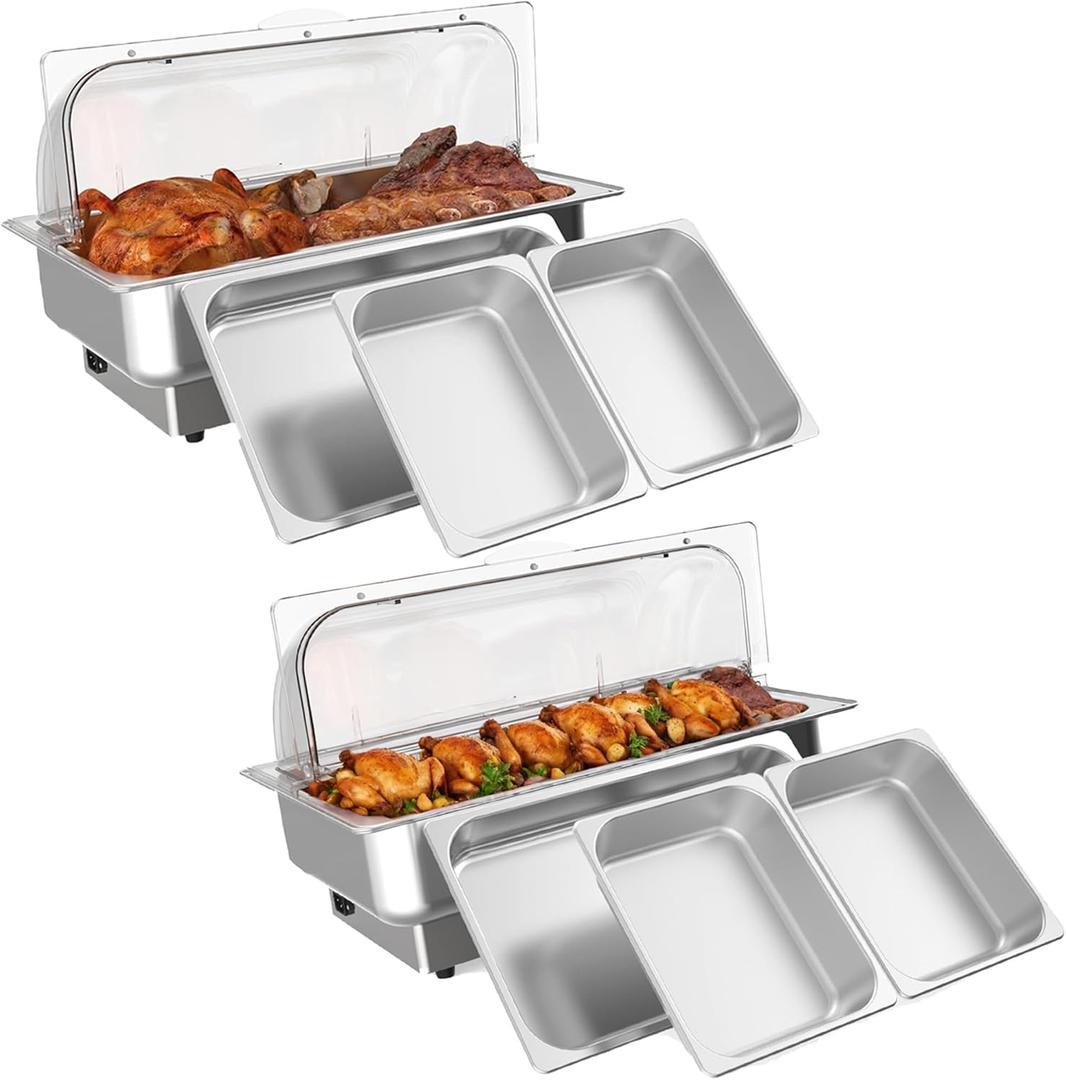 Garvee Electric Chafing Dish Buffet Set, 9 qt Roll Top Food Warmer with Transparent PC Lid, with 1 Full-Size Pan & 2 Half-Size Stainless Steel Chafer for Catering Parties(2 Packs)