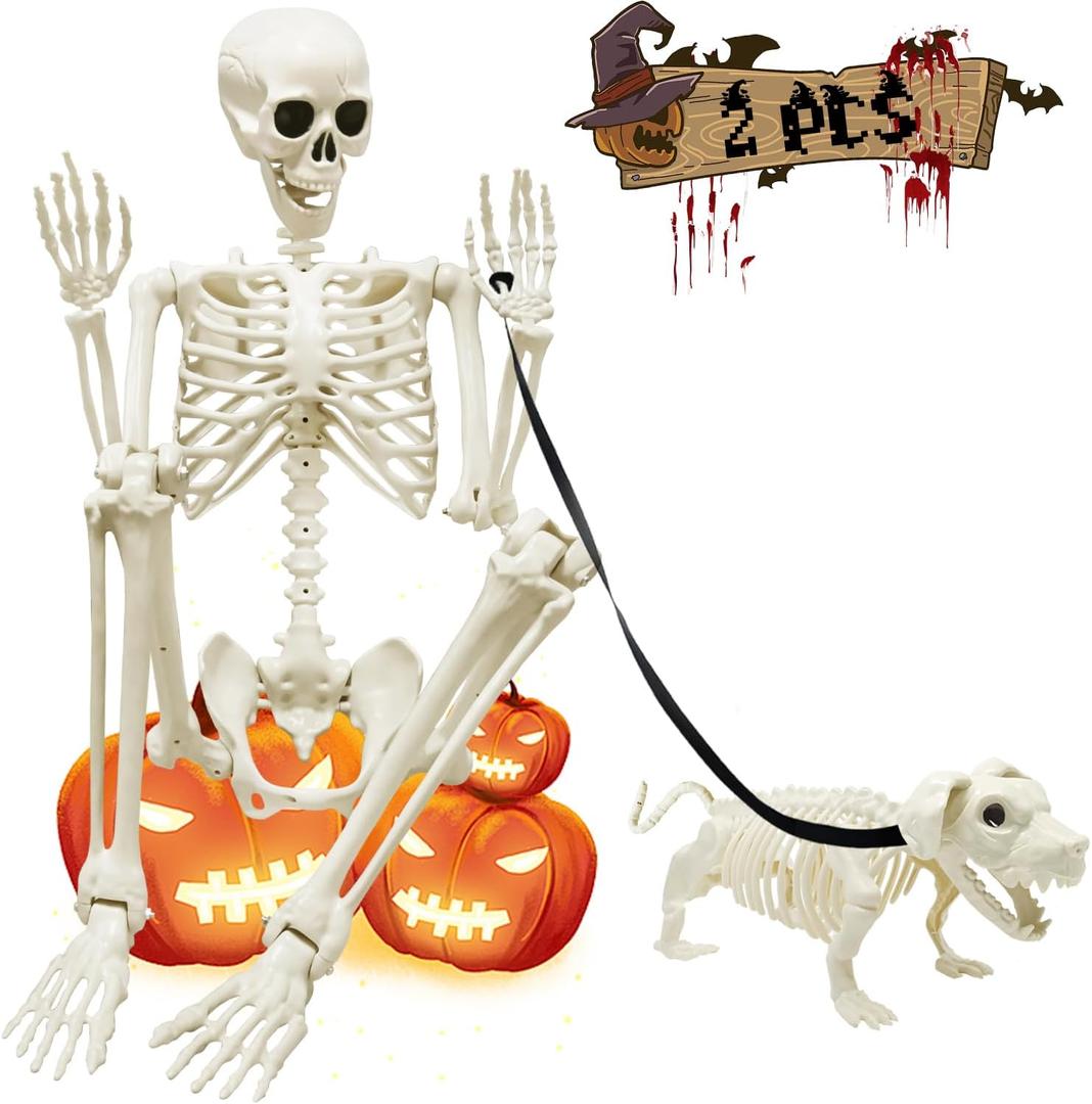 5.4Ft Posable Halloween Skeleton, Full Body Life Size Skeleton with Dog Skeleton for Halloween Spooky Party Props Decor