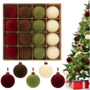3.15" Velvet Christmas Ball Ornaments Set, 16 pcs Flocked Xmas Tree Decoration, Large Shatterproof Decorative Hanging Balls for Party Holiday Wreath Garland Home Dcor (Red Brown Green White)