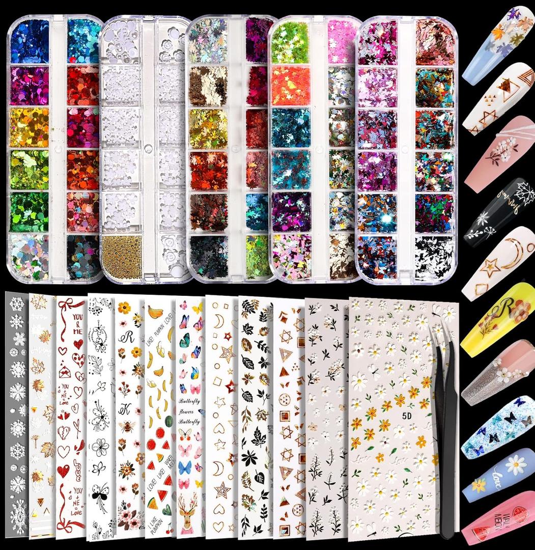 Teenitor 12 Sheets Nail Art Sticker Self-Adhesive, Flower Nail Stickers 5D Embossed Nail Decals, 5 Boxes Nail Glitter Sequins Flakes, Nail Art Design Tools Self Adhesive