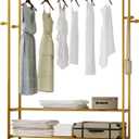 Gold Rolling Garment Rack with Shelves and Hooks,Freestanding Modern Clothing Rack with Wheels,Large Clothes Hanging Rack for Bedroom,Closet,Entryway,Wardrobe,Boutique Display