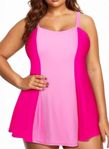 Aleumdr Women's Plus Size One Piece Swimsuit Tummy Control One Piece Bathing Suit with Skirt Vintage Swimdress with Pockets XXL